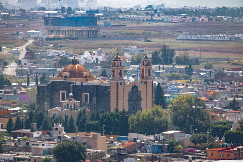 Aerial view of Parroquia de San Andres Apostol (Saint Andrew the Apostle Church) - Cholula, Puebla, Mexico